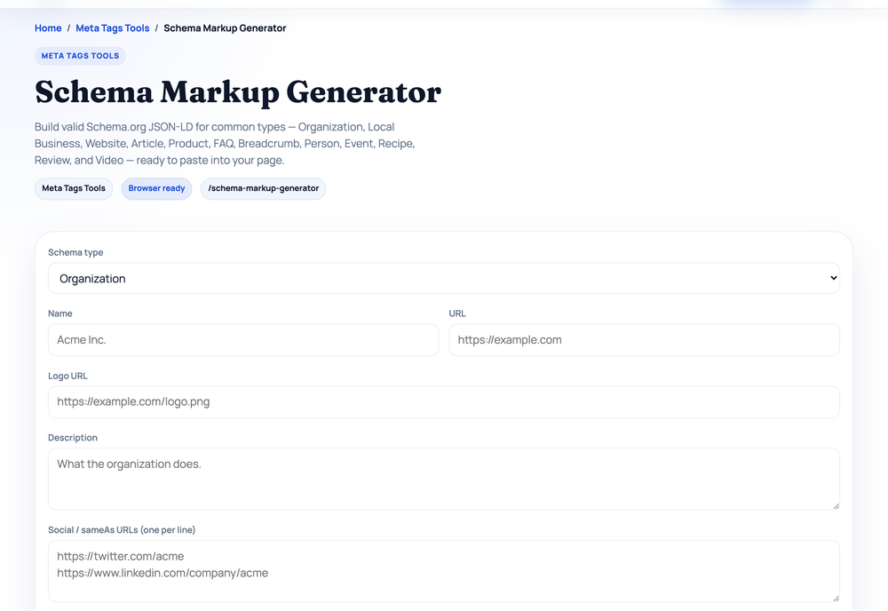 Schema Markup Generator on HighSEOTools — free in-browser JSON-LD builder