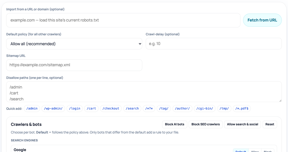 How to use the Robots.txt Generator — tool screenshot