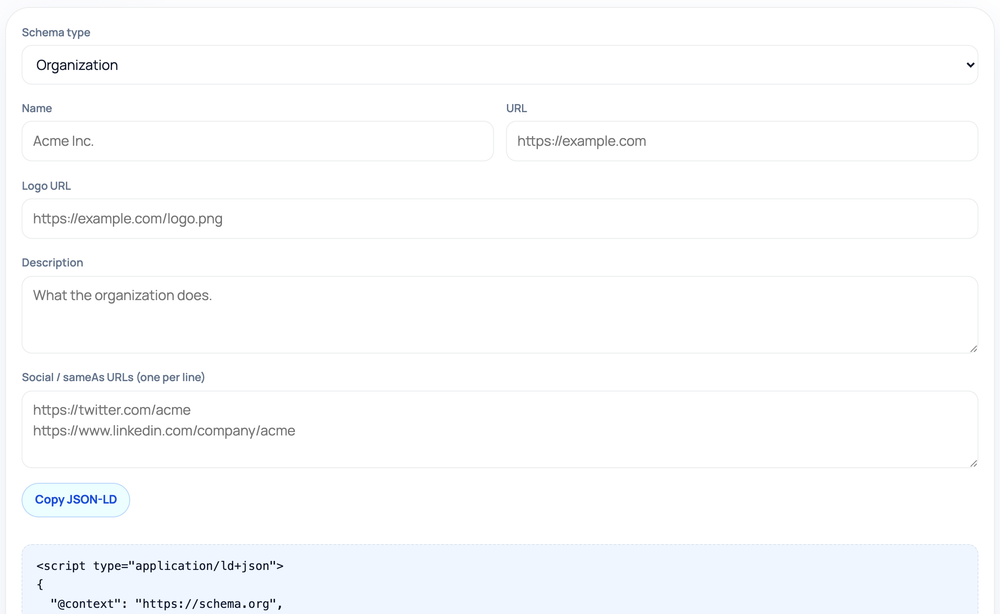How to use the Schema Markup Generator — tool screenshot